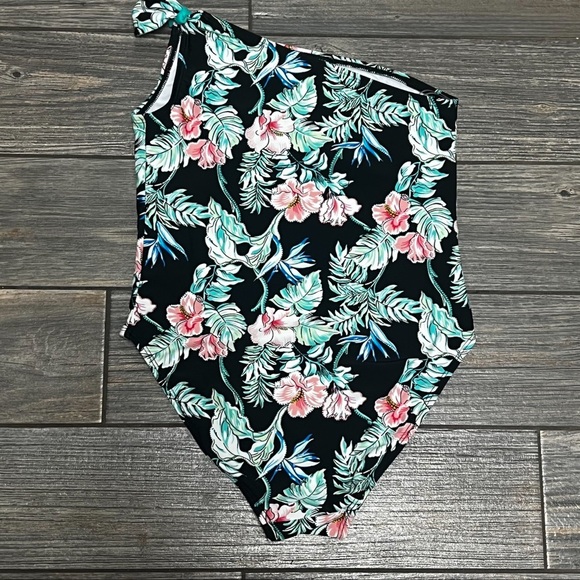 Tommy Bahama One-Piece Swimsuit Girls Size 12 One Shoulder Black Hibiscus Blooms - Picture 2 of 12